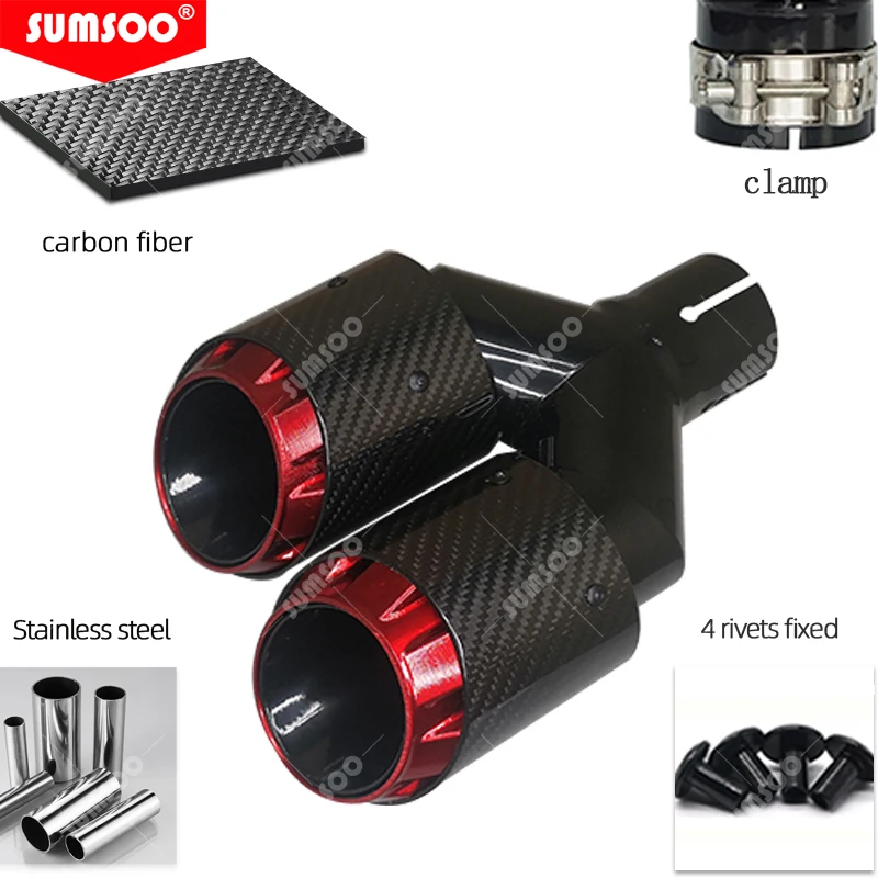 Tubo escape doble salida fibra carbono tuning – terminal deportivo rojo - imagen 3
