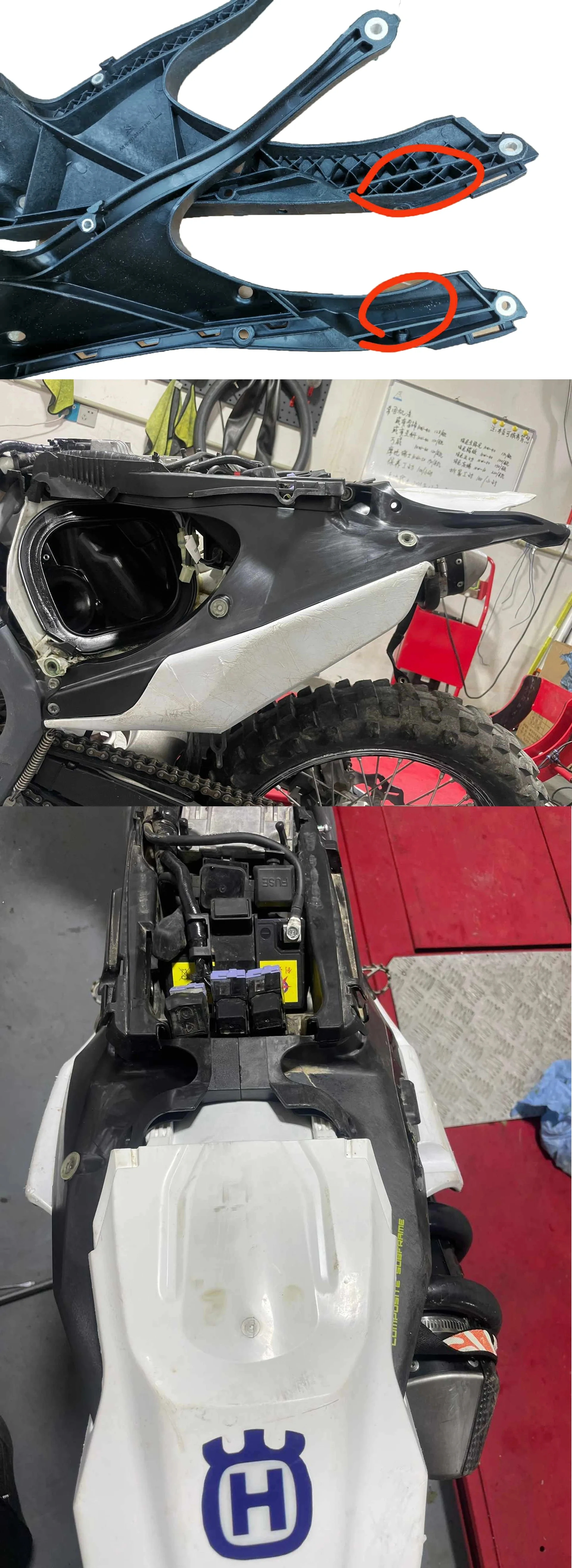 Detalle del subchasis negro para motocicleta Husqvarna