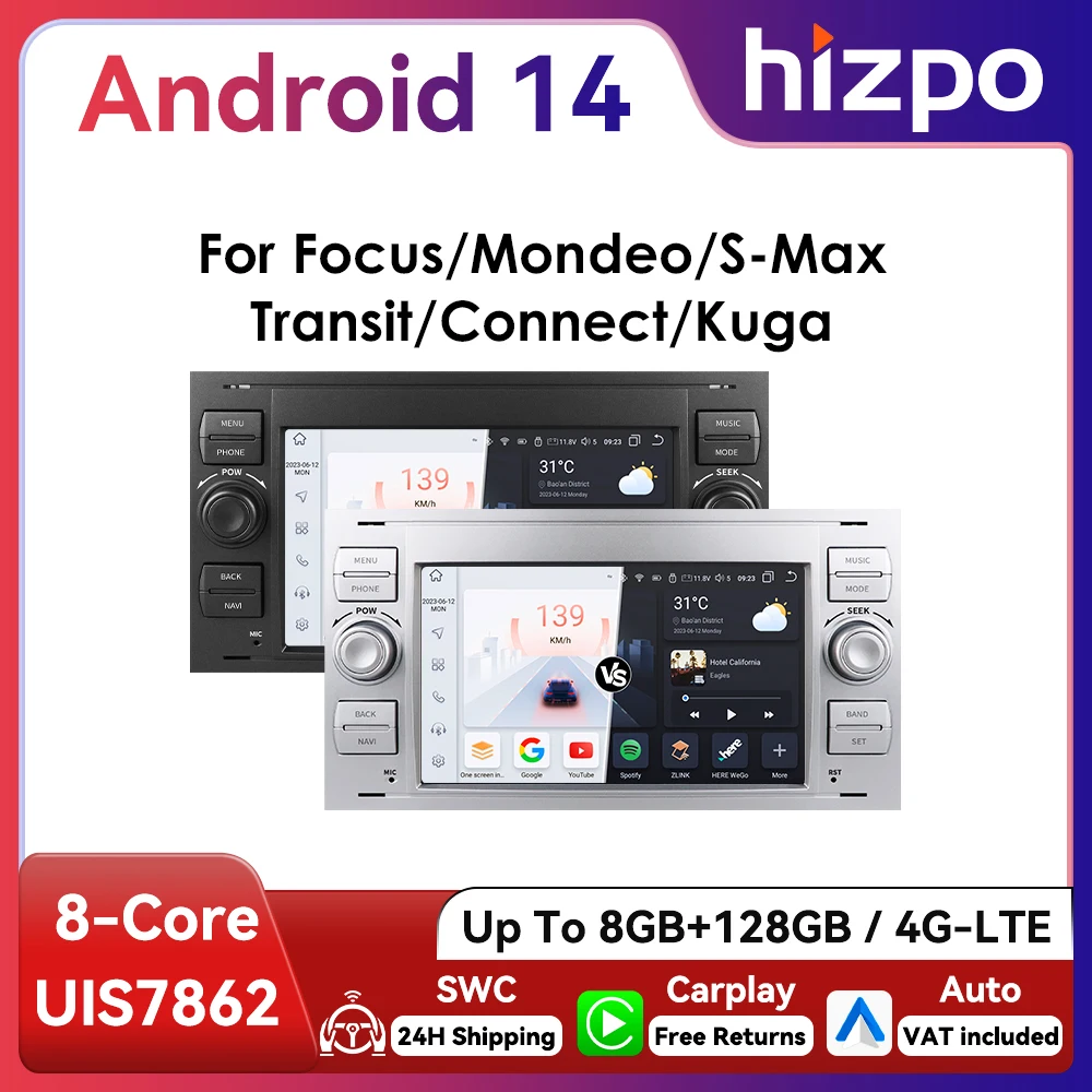 HIZPO Radio Android Auto 2 DIN 7" para Ford Focus y Mondeo