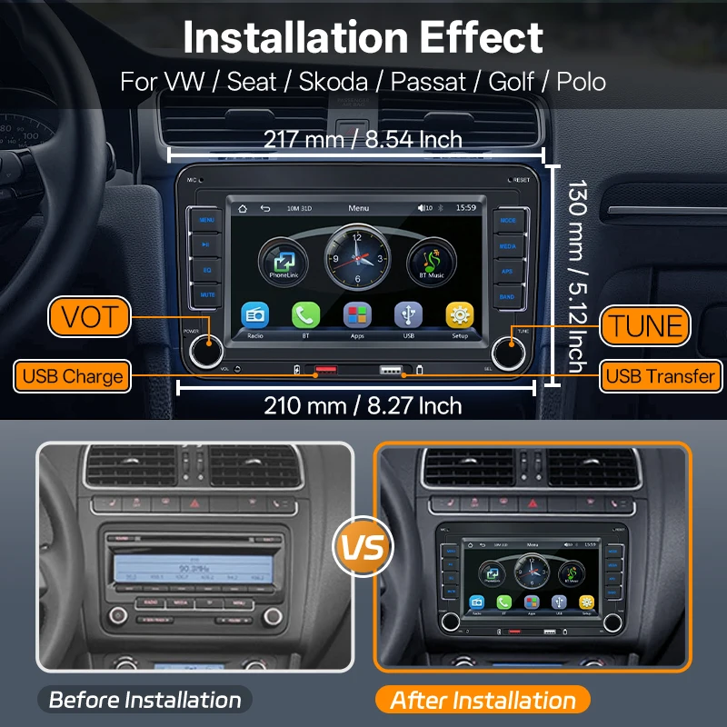 Hippcron Radio coche 2 DIN 7'' CarPlay inalámbrico Android Auto – VW Seat Skoda - imagen 2