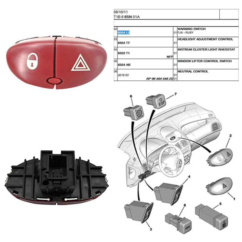 6554L0 48377877 Interruptor de peligro – Peugeot 206 207 Citroen C2 - imagen 3