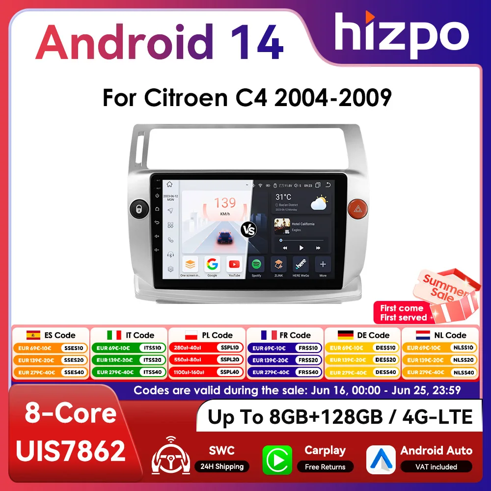 Hizpo Autoradio 2 DIN Android Auto – Citroën C4 2004-2009