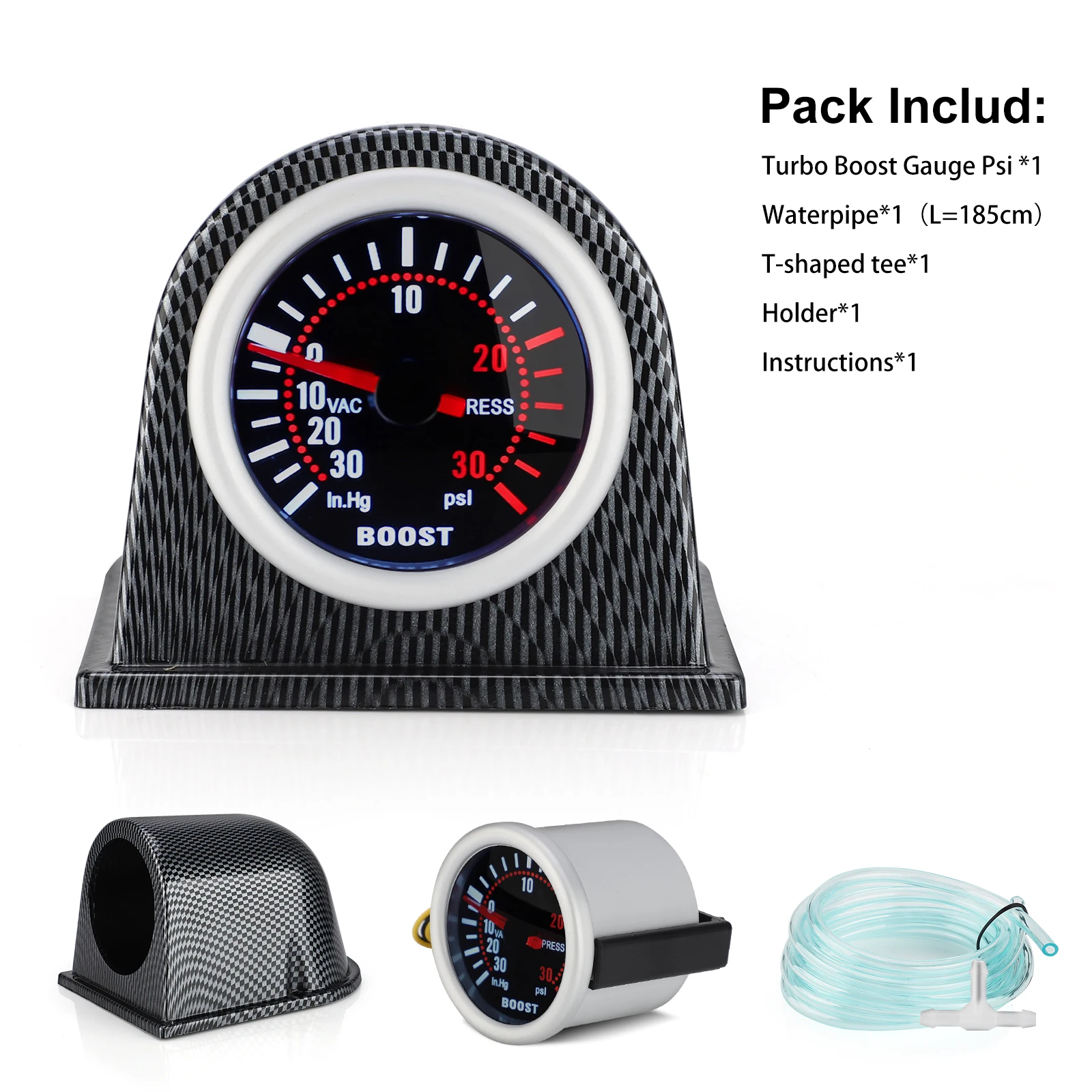 Manómetro turbo 52 mm 0-30 PSI universal, esfera fibra de carbono - imagen 3