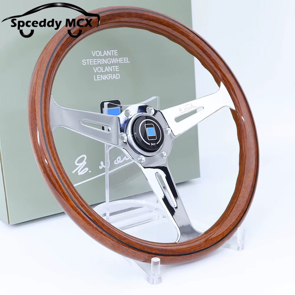 Volante deportivo clásico de madera y aluminio pulido 350 mm para avión
