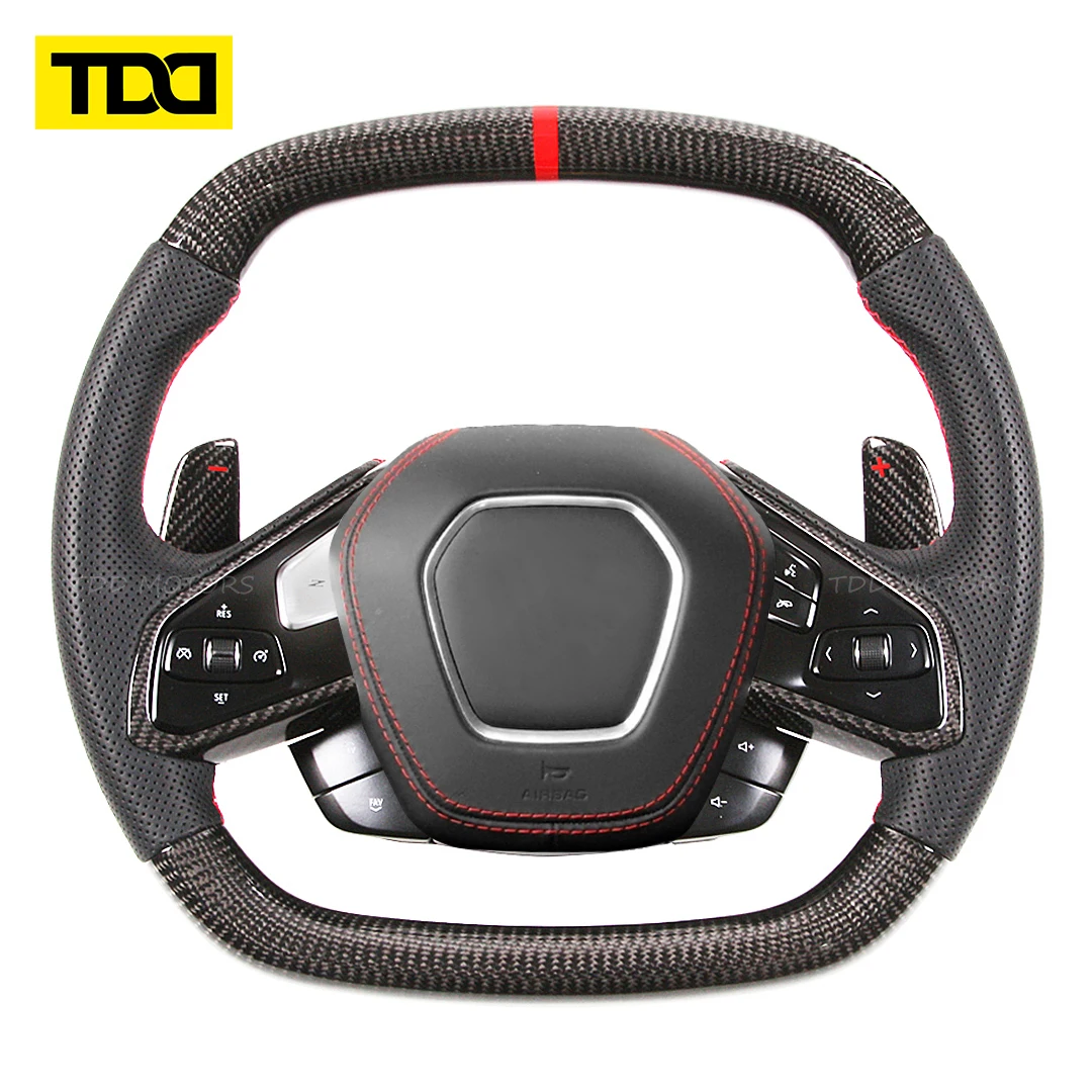 TDD-volante de fibra de carbono Real para Chevrolet C8 Corvette Z51 Z06 2020 2021 2022 2023 2024, volante de carreras de cuero calefactable - imagen 2