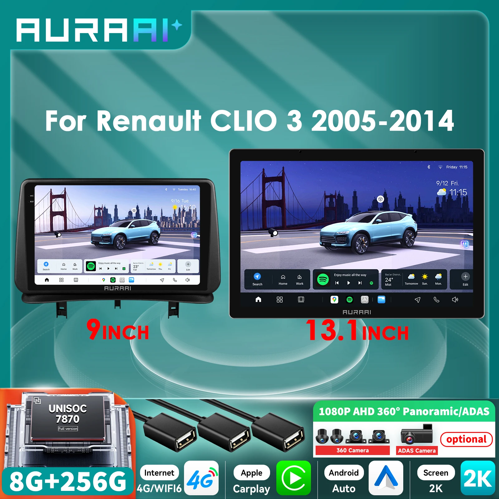 Autoradio Android 13 de 9/13,1 pulgadas para Renault Clio 3 2005 - 2014 7870 AI reproductor multimedia Carplay pantalla 3D + 2K ADAS 360
