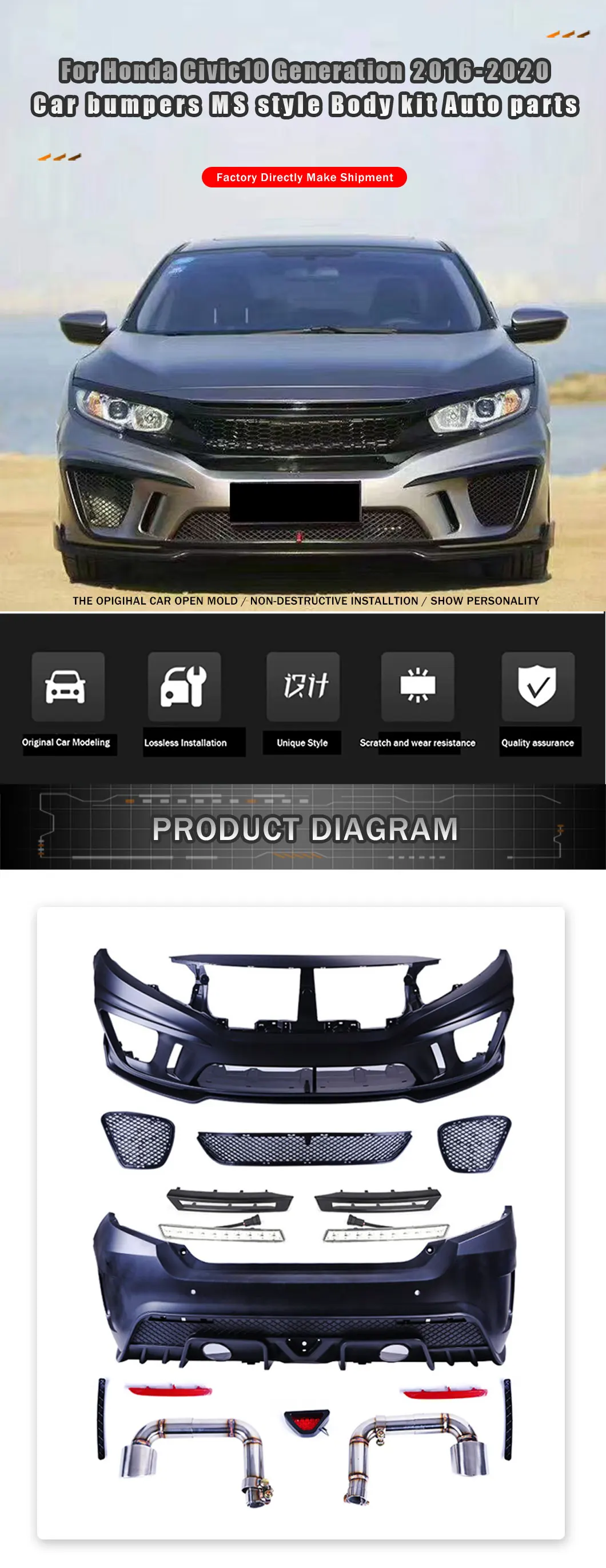 Parachoques delantero estilo MS para Honda Civic 2016-2020