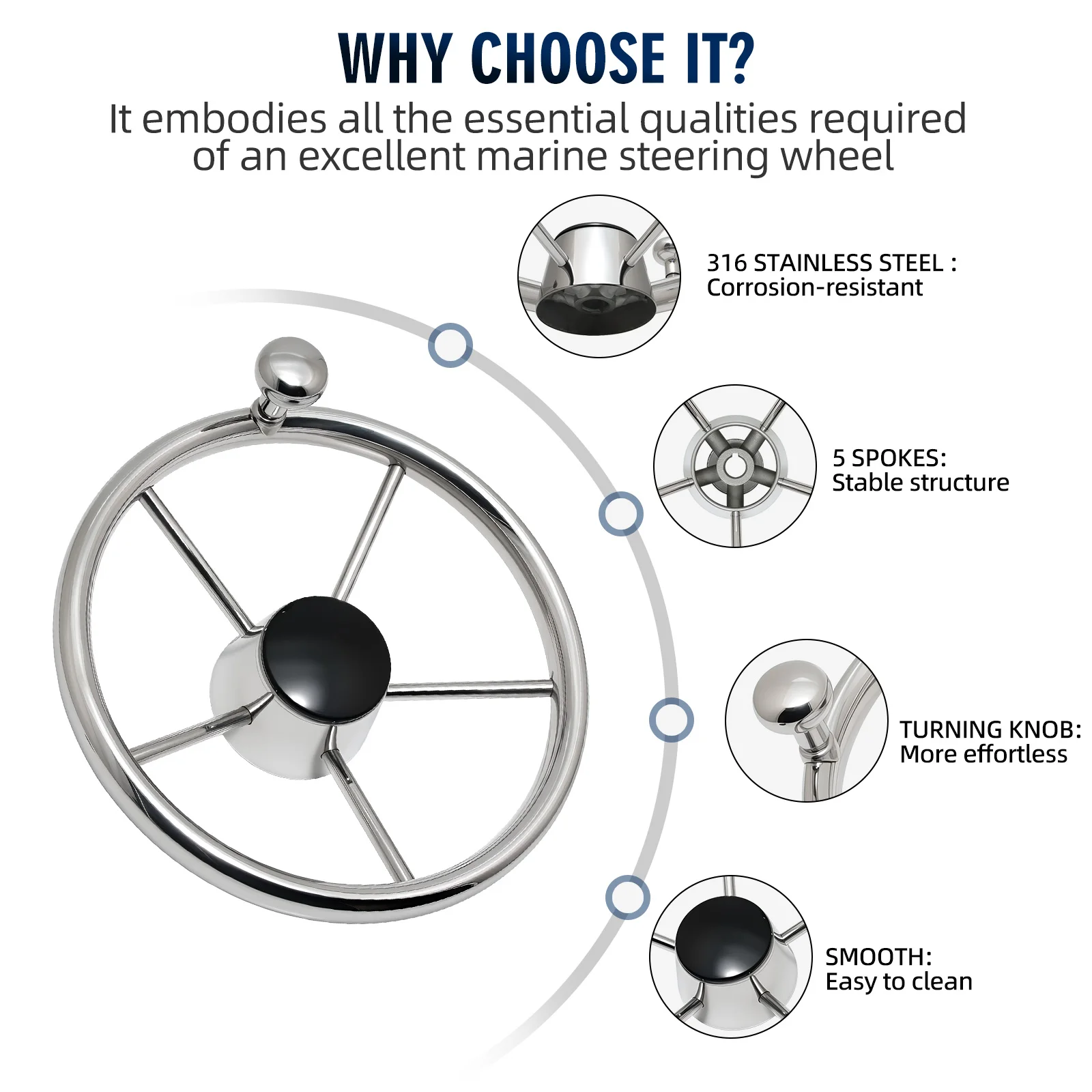Volante destructor de 5 radios de acero inoxidable o con perilla, volante pulido con espejo para accesorios de barco yate marino - imagen 5