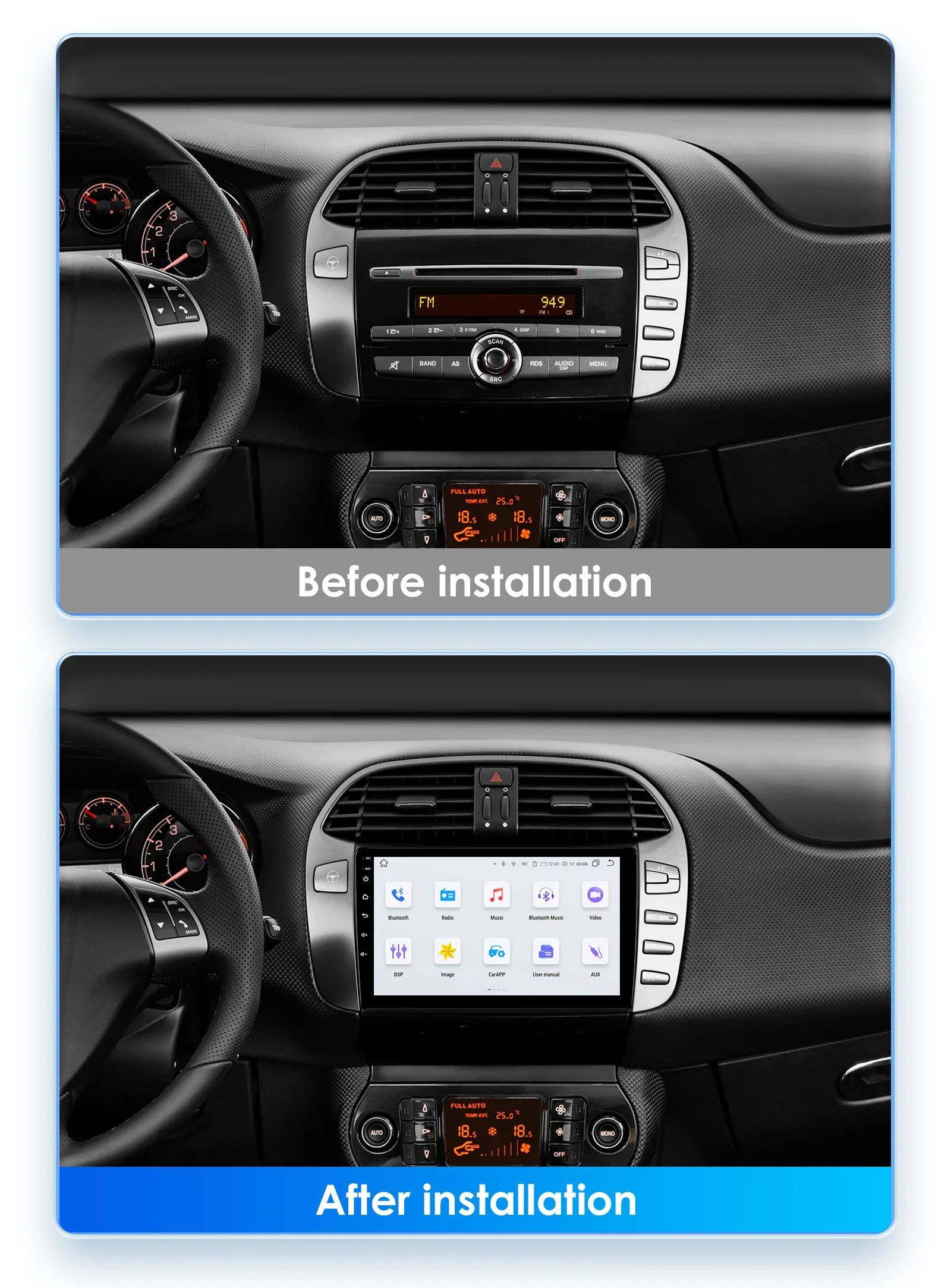 Equipo instalado en Fiat Bravo con interfaz Android