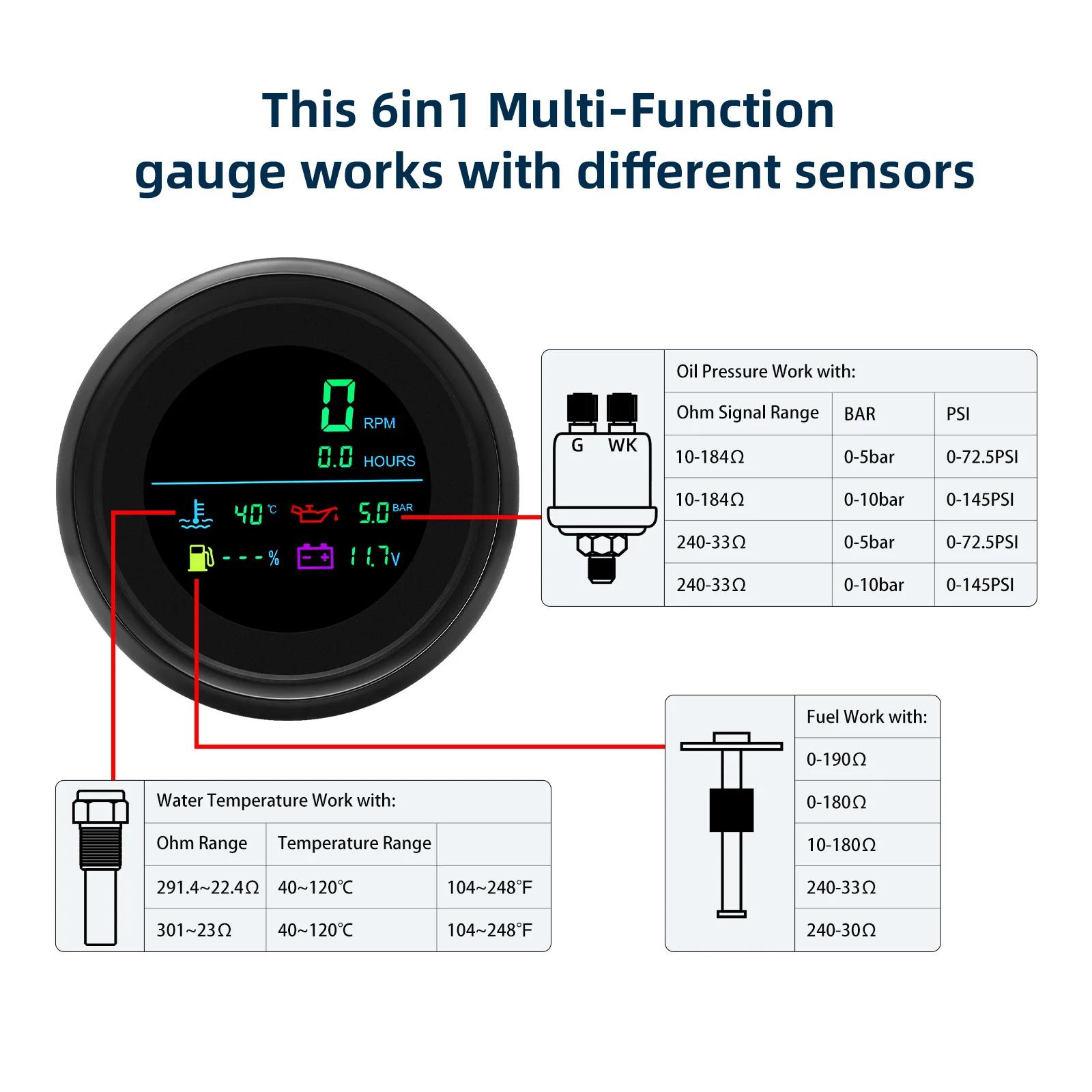 Tacómetro multifunción 6 en 1 de 85 mm y 12 V para coche y barco - imagen 5