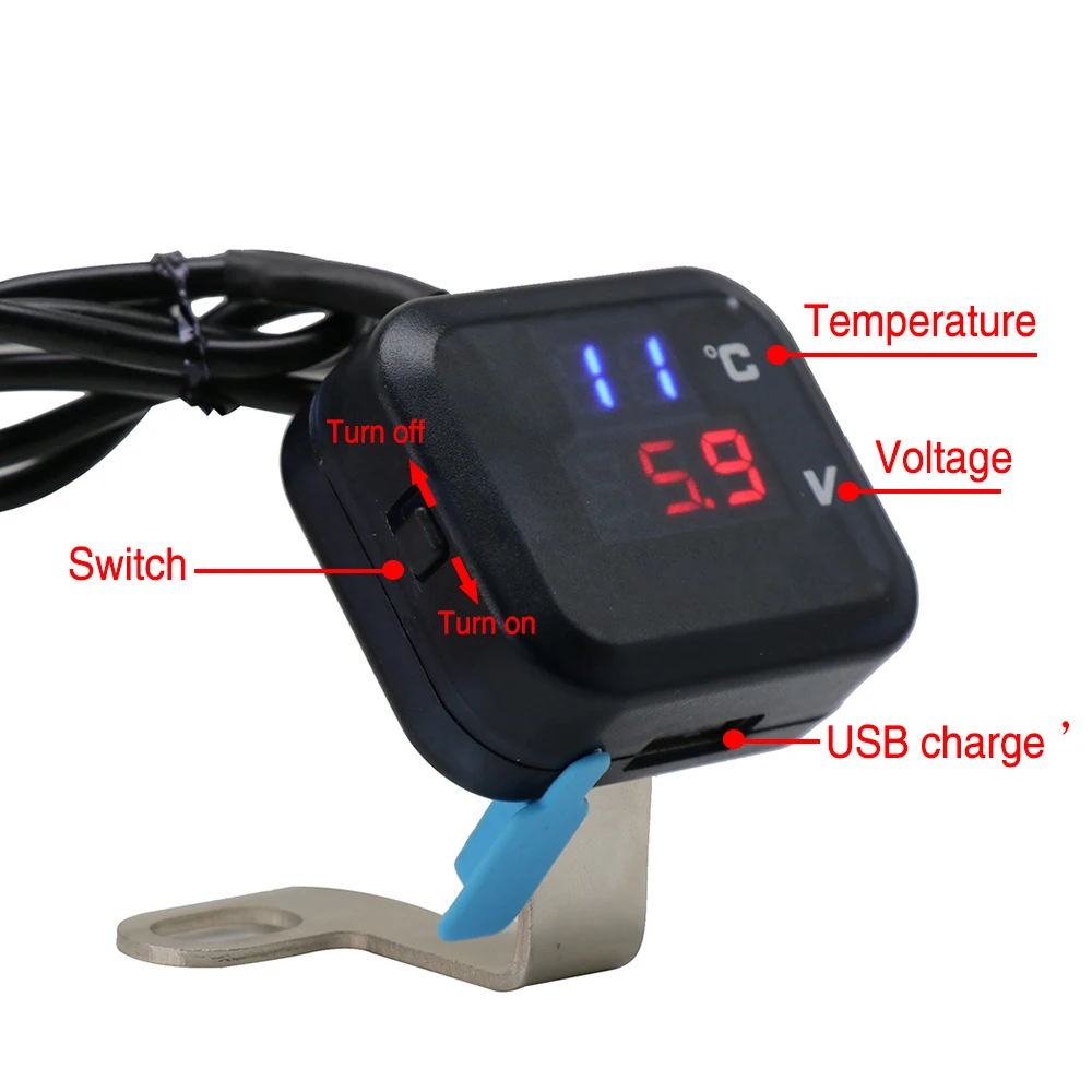 ZSDTRP Termómetro digital universal Medidor 2 en 1 Medidor de pantalla dual de temperatura de voltaje LED para motocicleta con cargador USB - imagen 2