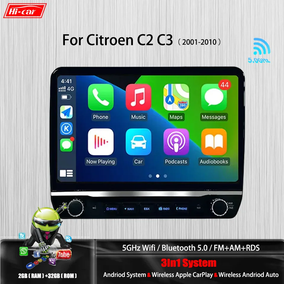 Radio Android 2Din 9 pulgadas navegación GPS Citroen C2 C3 2001-2010
