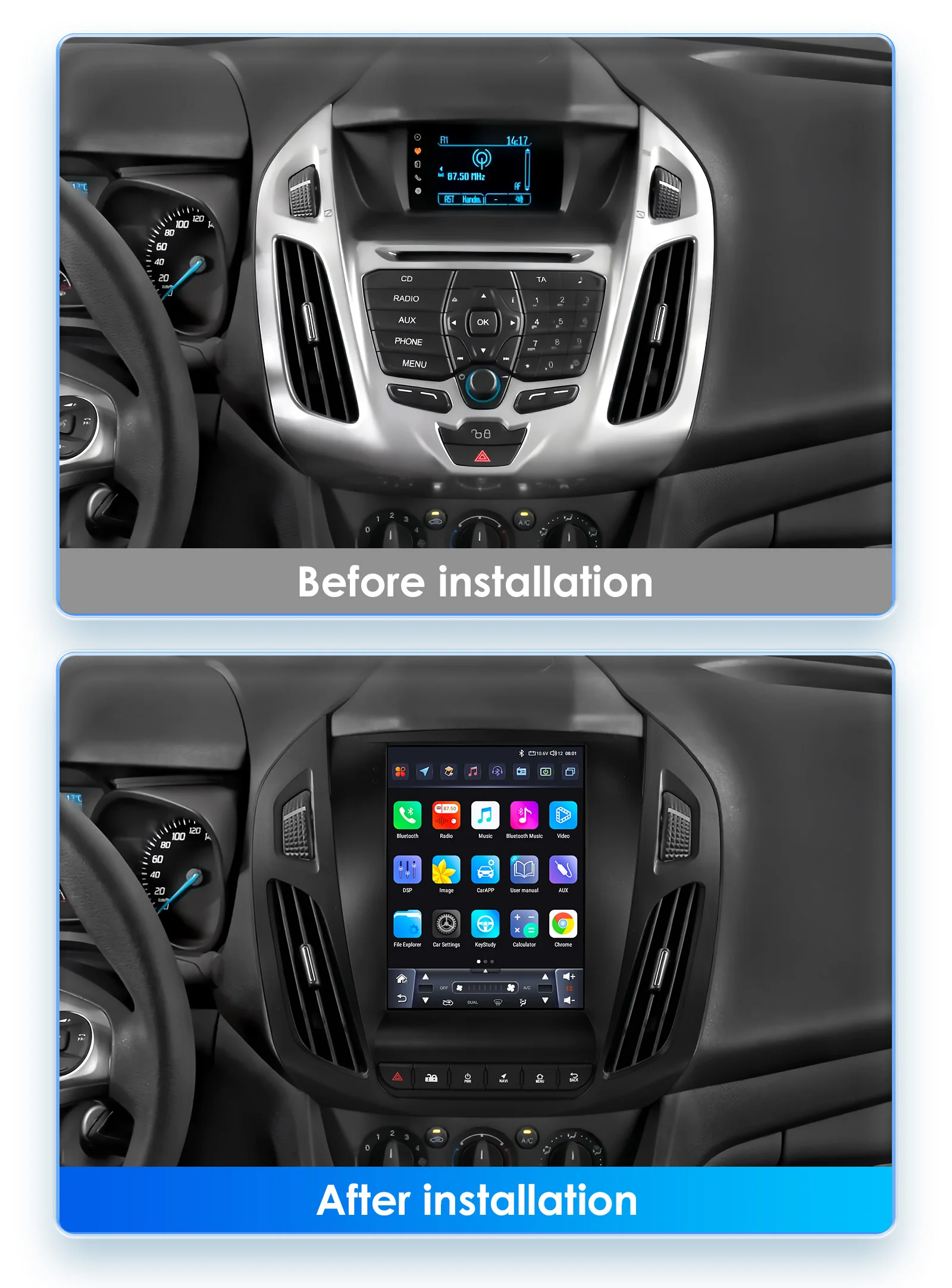 Radio 2 DIN Hizpo con Android, GPS y CarPlay – Ford Transit Connect - imagen 2