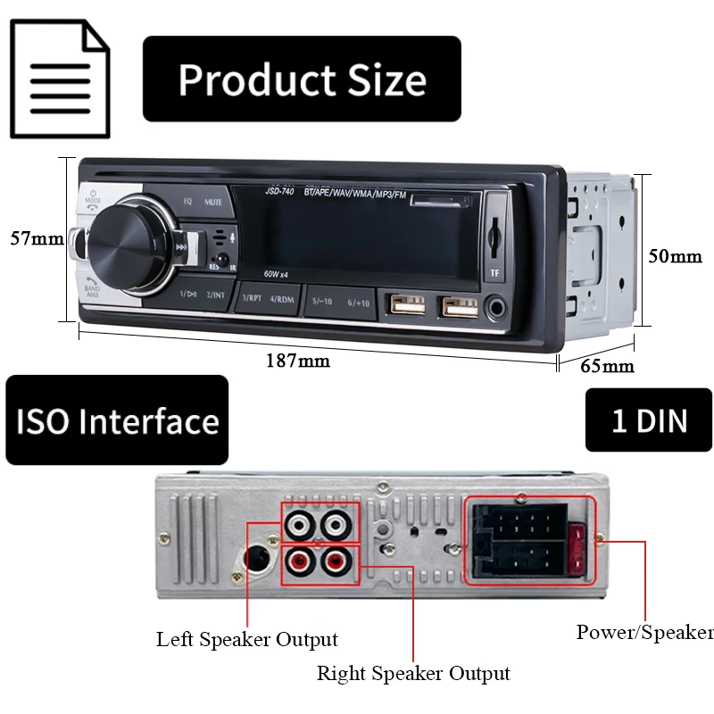 SINOVCLE Radio de coche 1din Audio Bluetooth reproductor de MP3 estéreo receptor FM 60Wx4 con Control remoto AUX/USB/tarjeta TF en Kit de tablero - imagen 5