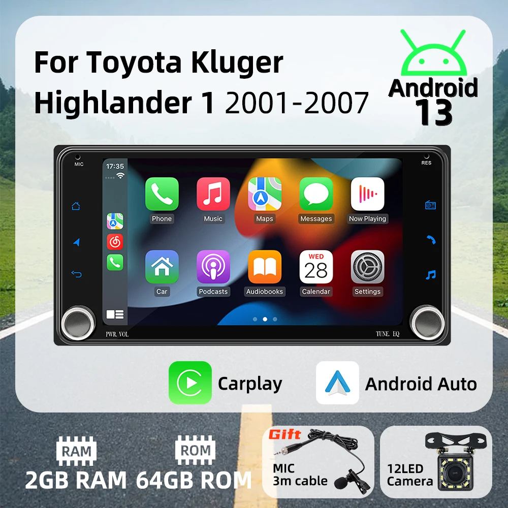 Radio 2DIN multimedia Android Auto CarPlay Toyota Kluger Highlander