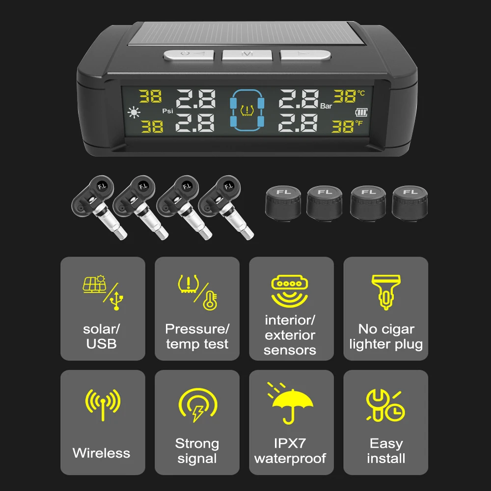 TPMS solar/USB para coche con monitor de presión y temperatura - imagen 3