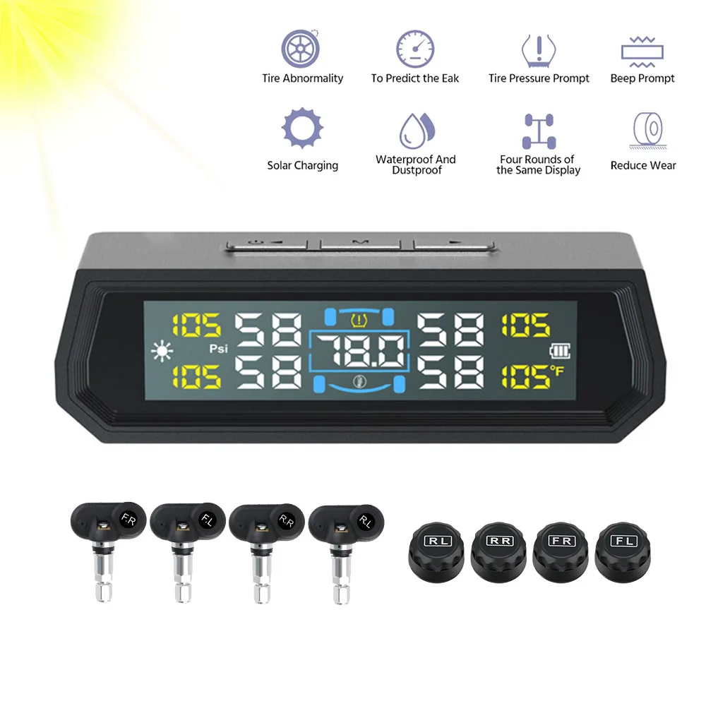TPMS solar USB con alarma y pantalla de temperatura coche universal