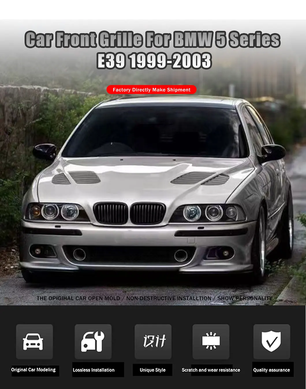 Vista frontal de la rejilla ABS instalada en BMW E39 mostrando detalles de malla y marco