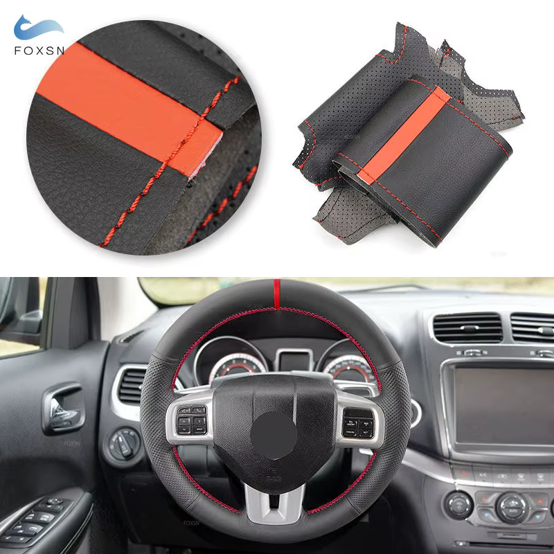 Funda de volante de cuero perforado con línea roja para Dodge Journey 2014-2016