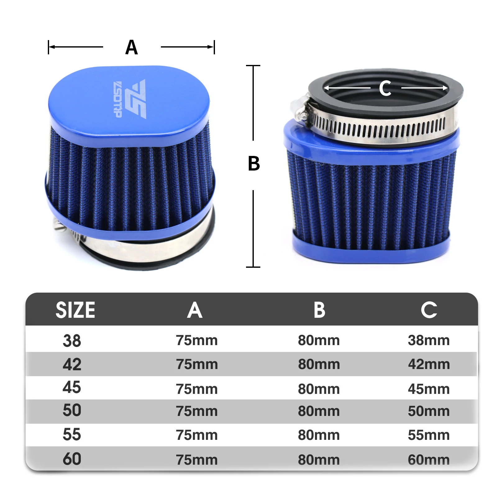 Filtro de admisión ZSDTRP universal azul para moto y ATV, 38-60 mm - imagen 3