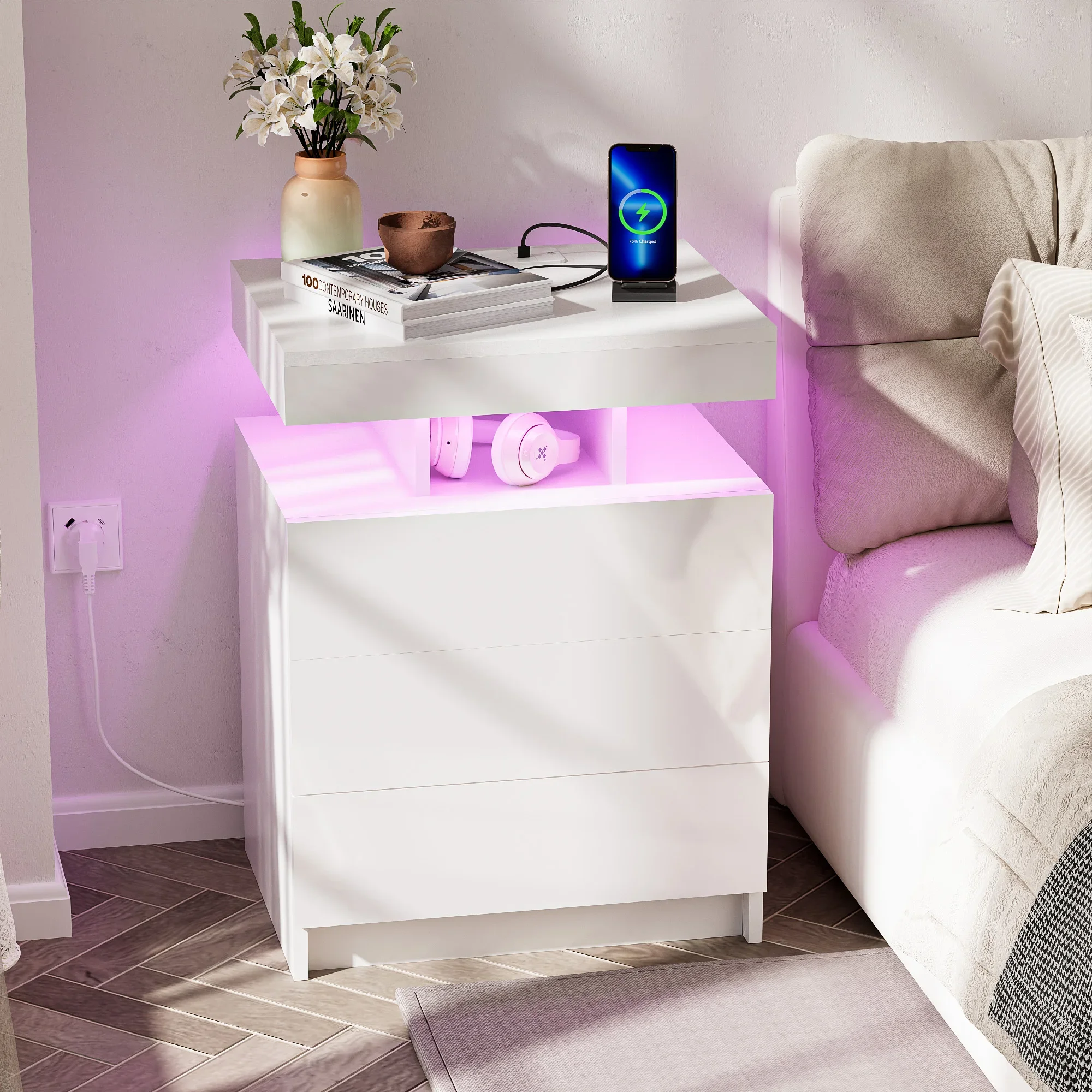 Mesita noche madera con USB y Bluetooth – 3 cajones para dormitorio - imagen 4