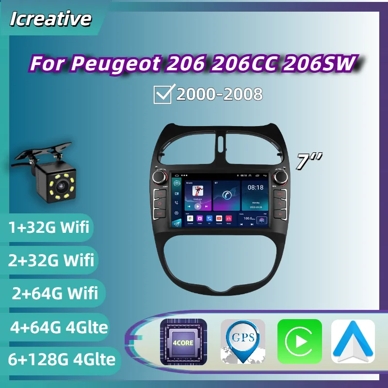 Radio Android con CarPlay y GPS para Peugeot 206