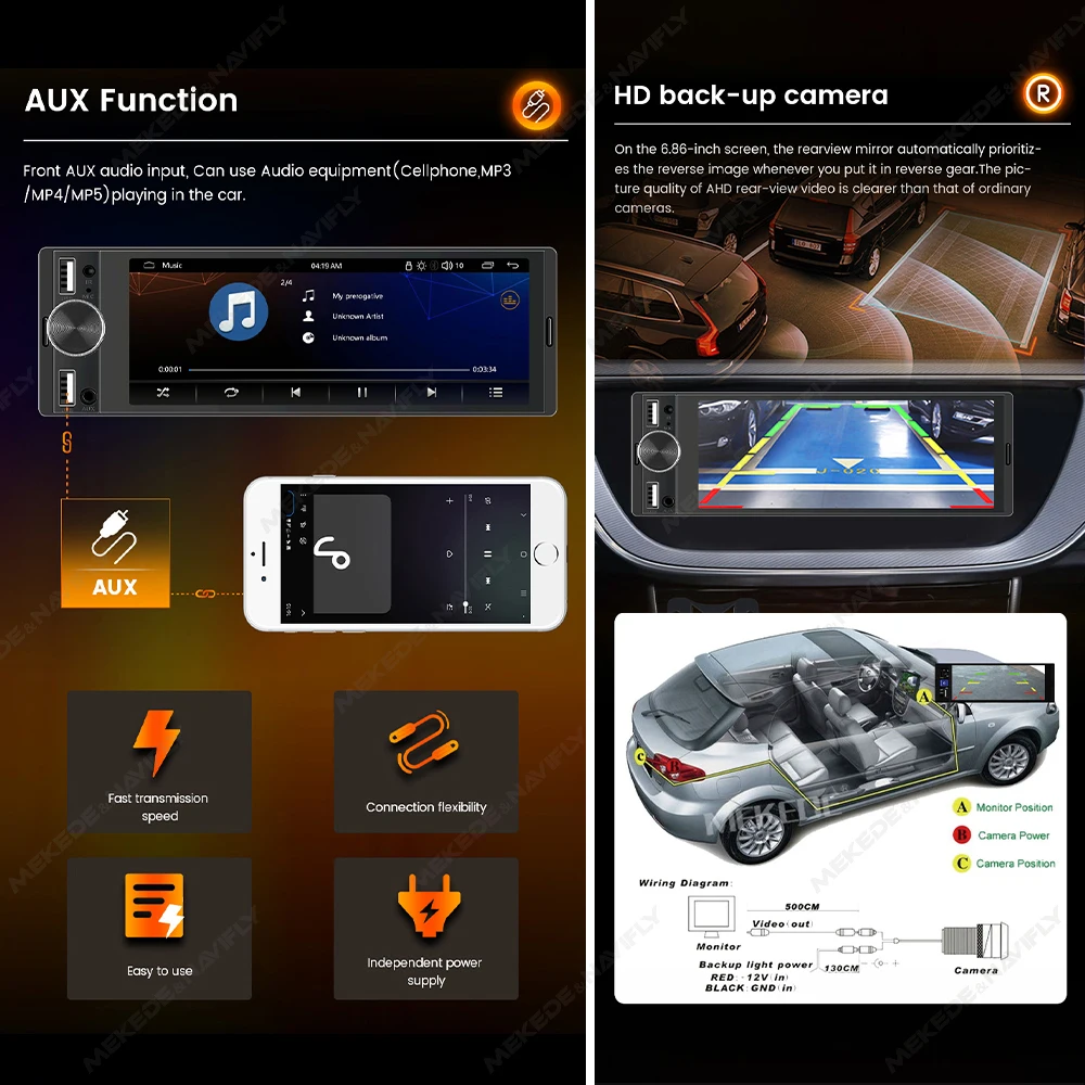MEKEDE-reproductor Multimedia de vídeo MP5 para coche, autorradio estéreo con BT, FM, USB, enchufe tipo C, 6,86 pulgadas, 1DIN, Carplay, Android - imagen 3