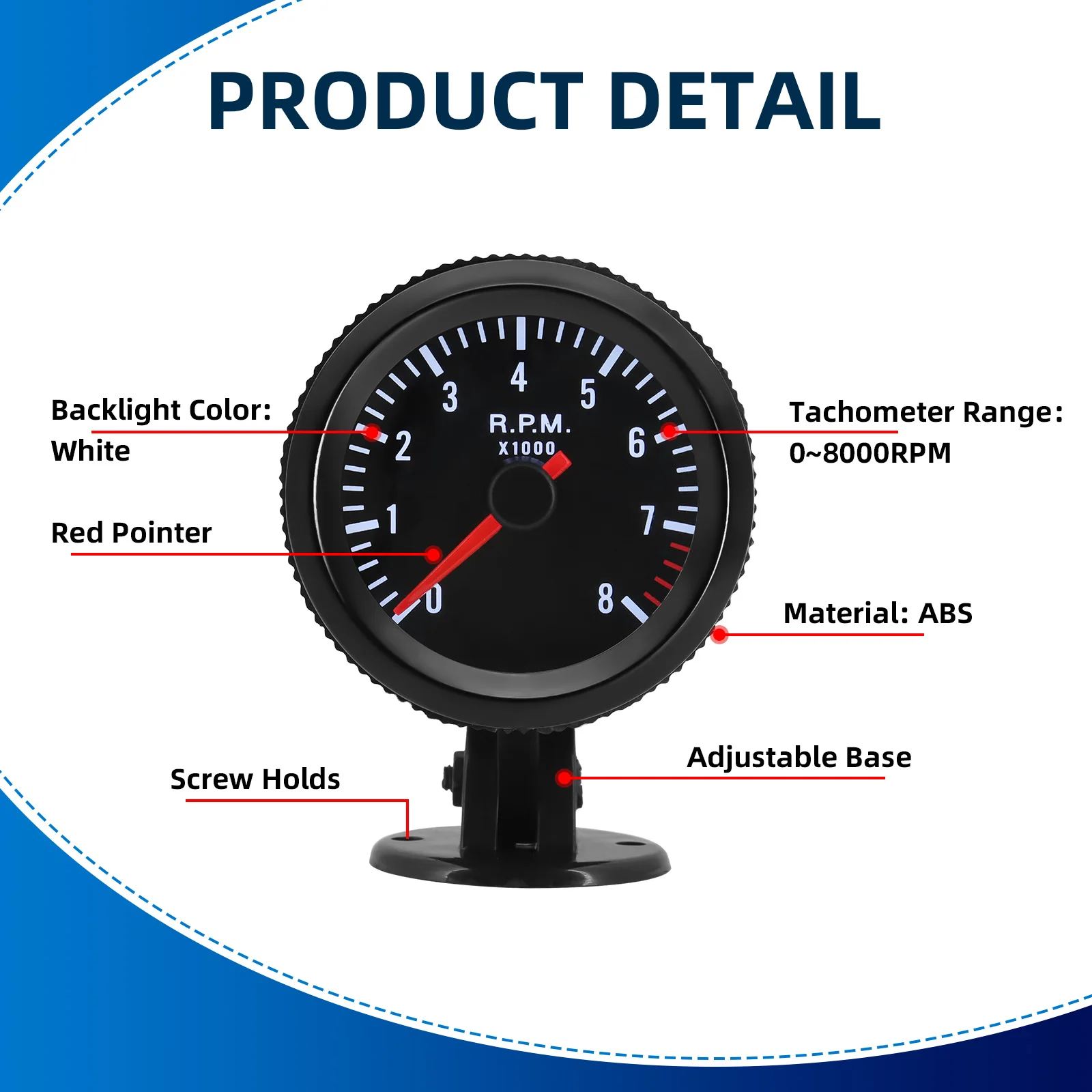 Tacómetro con retroiluminación blanca de 2 ", 52mm, RPM, tacómetro para coche, medidor de 0-8000RPM, caja negra, tacómetro para 1-8 cilindros de gasolina - imagen 3