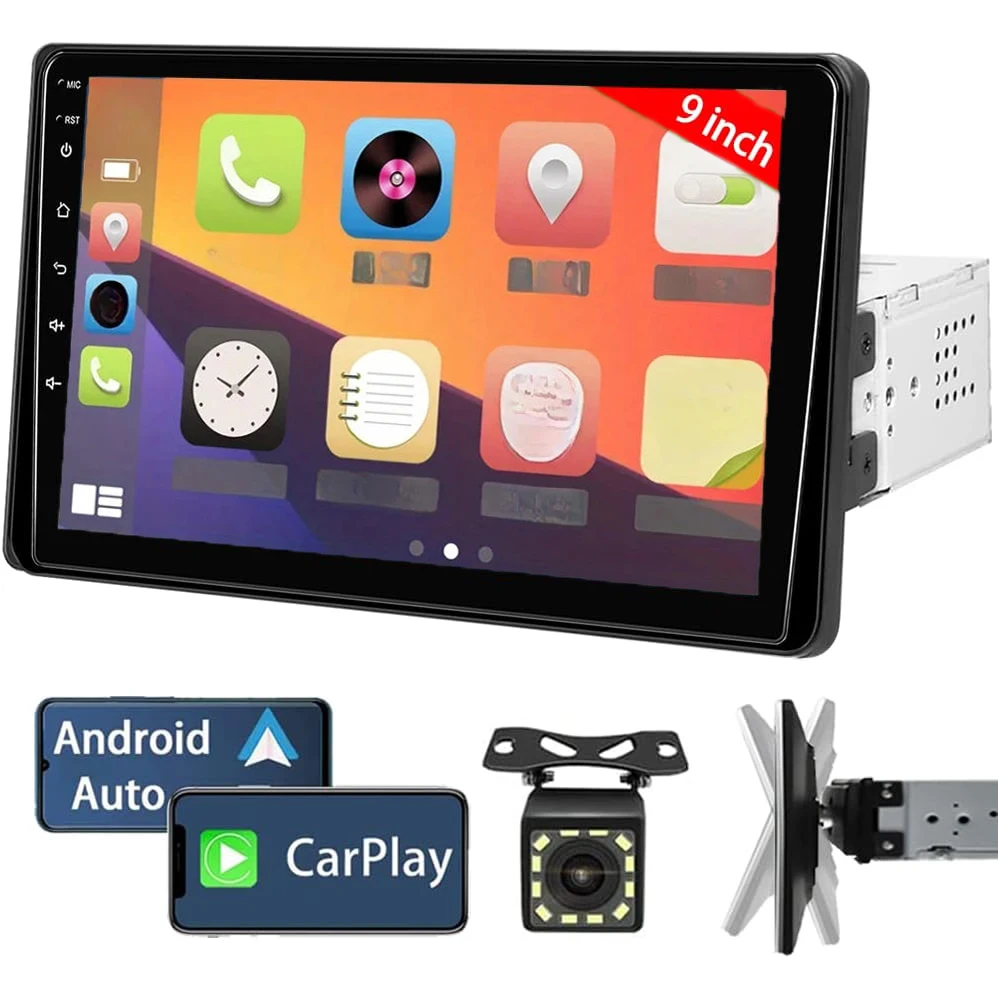 Autoradio 1 Din 9" Android Auto Apple CarPlay Bluetooth cámara retroceso FM