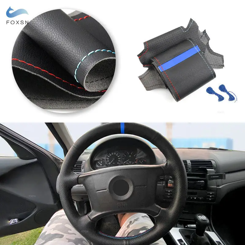 Cubierta de cuero para volante BMW E36/E46/E39 y X3/X5 tira roja-azul