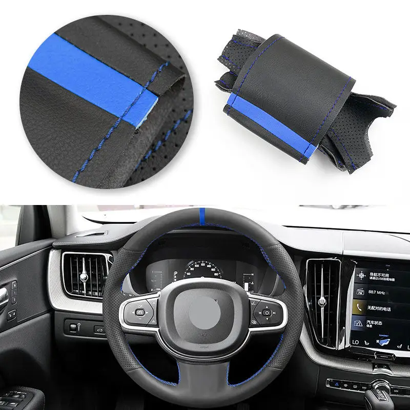 Funda de volante de microfibra azul y negra para Volvo XC60 y XC90