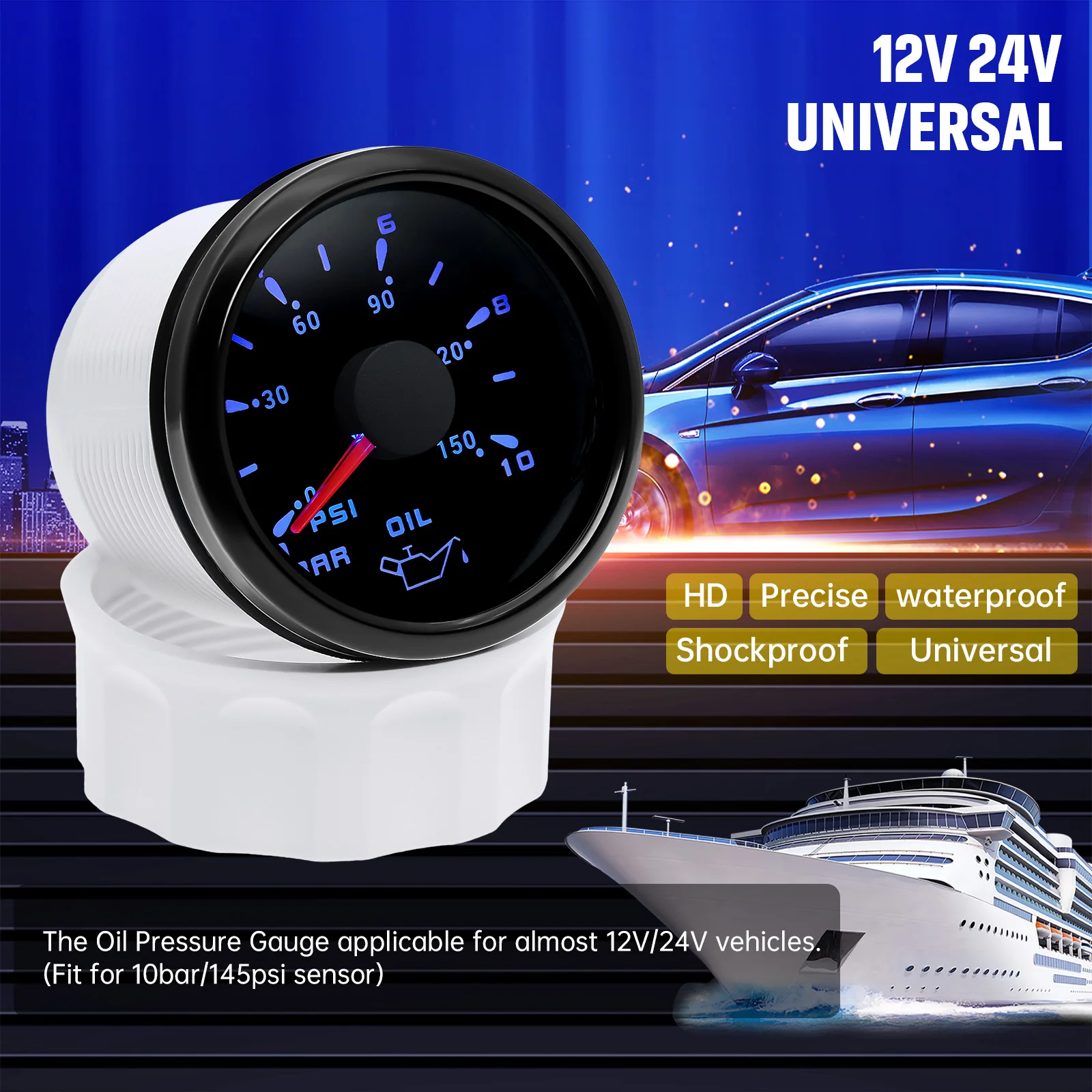 Medidor de presión de aceite para barco marino, indicador de prensa de aceite, retroiluminación de 7 colores, 2 ", 52MM, 0-10 Bar, 0-150 PSI, 12V, 24V - imagen 2