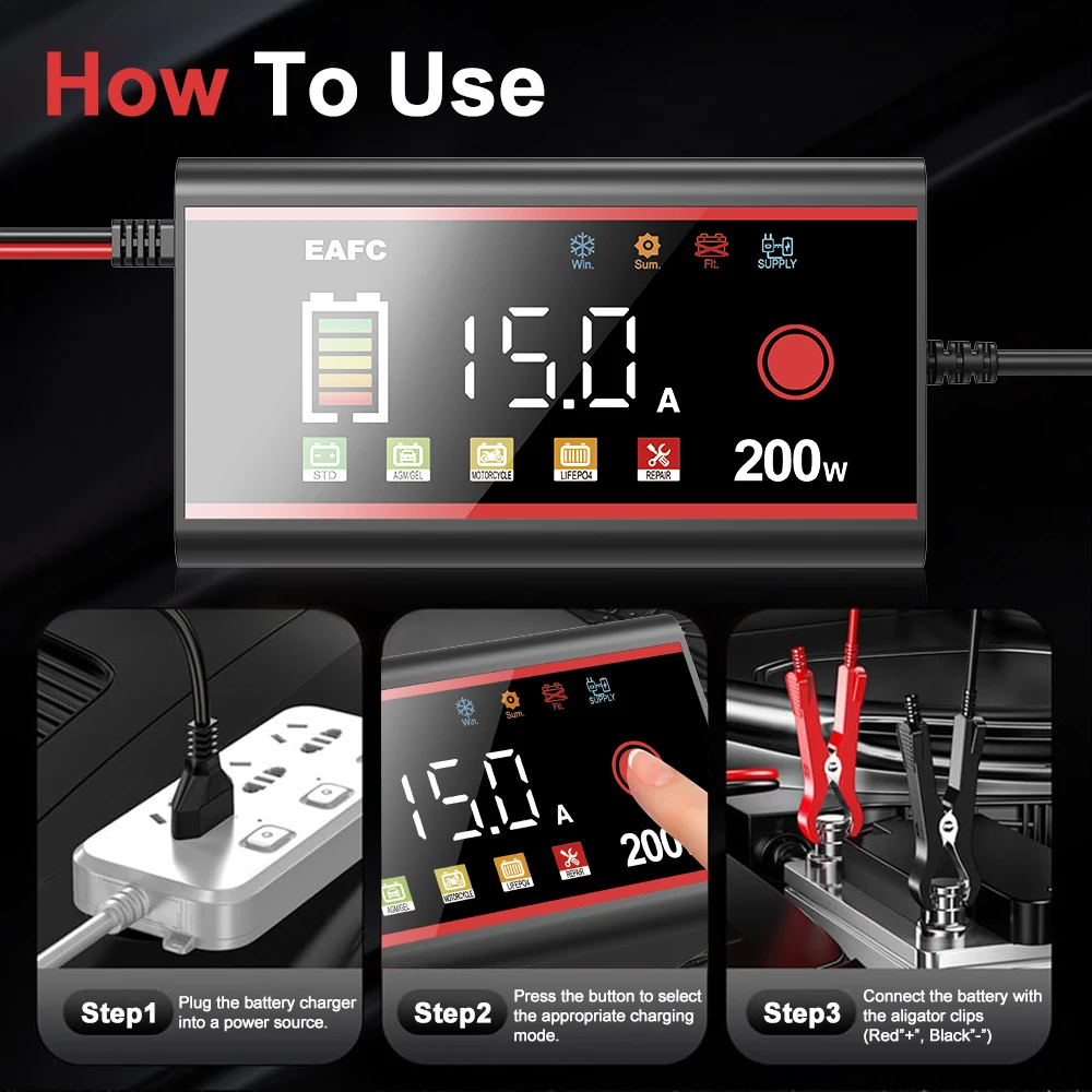 EAFC-cargador de batería inteligente para coche, 12V, 15A, 8A, 200W/100W, pantalla LED grande, uso de pulso de batería para calcio, GEL, AGM, húmedo, EFB, LIFEPO4 - imagen 3