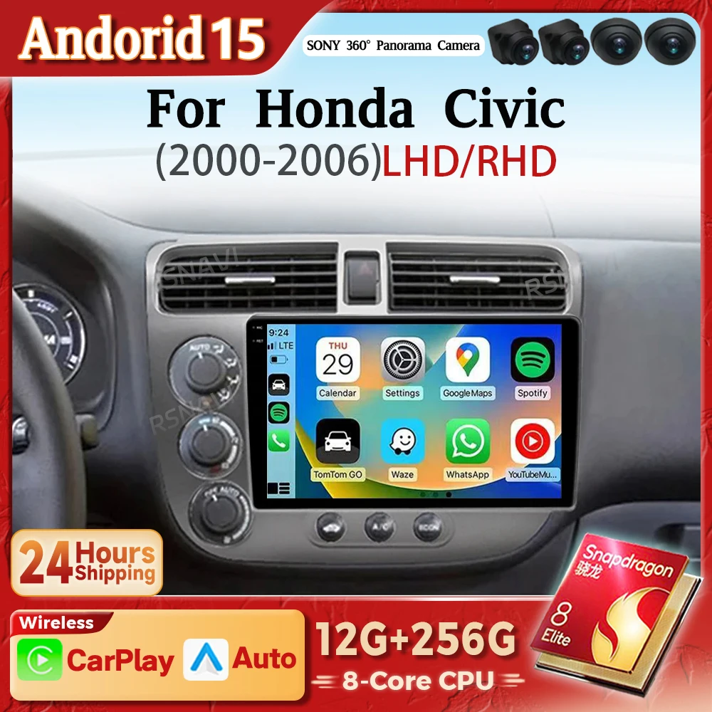 Autoradio 2 DIN Android 15 con CarPlay para Honda Civic VII 2000-2006