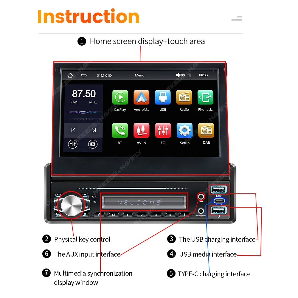 Radio 1 DIN MEKEDE con pantalla retráctil, CarPlay y Android Auto - imagen 5