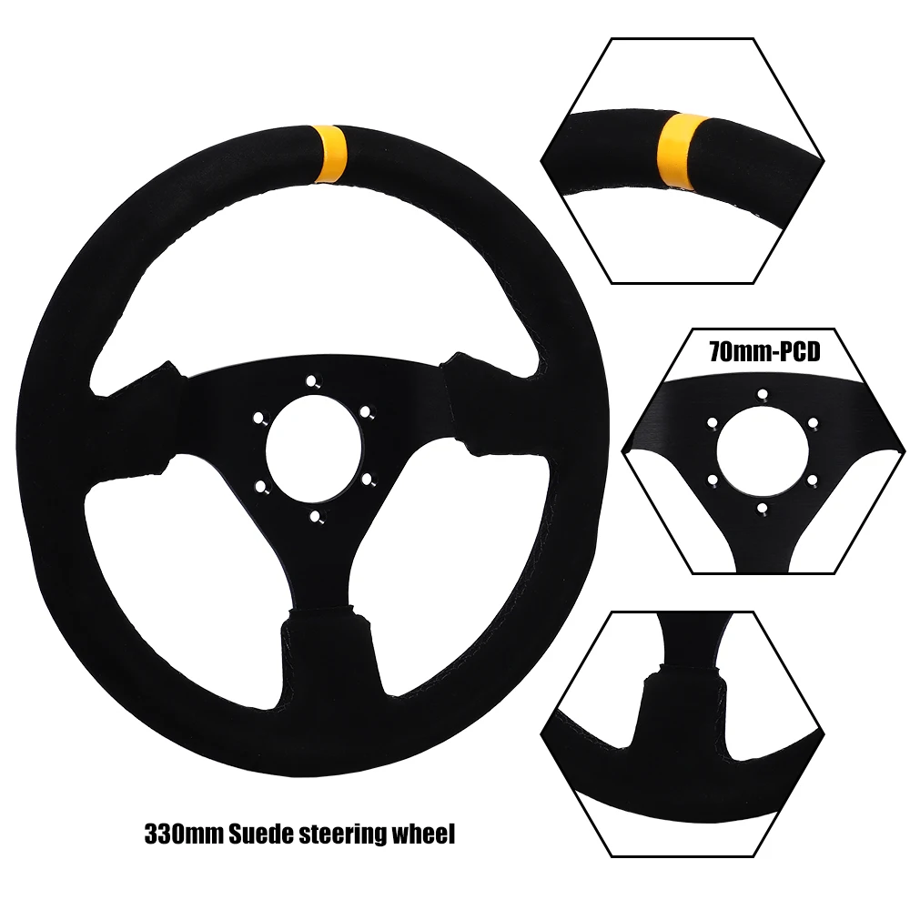 Detalle del volante plano de aluminio para simulación de carreras
