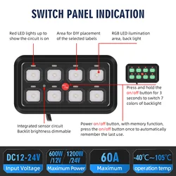 Panel interruptor retroiluminado LED 6/8 bandas relé SUV náutico