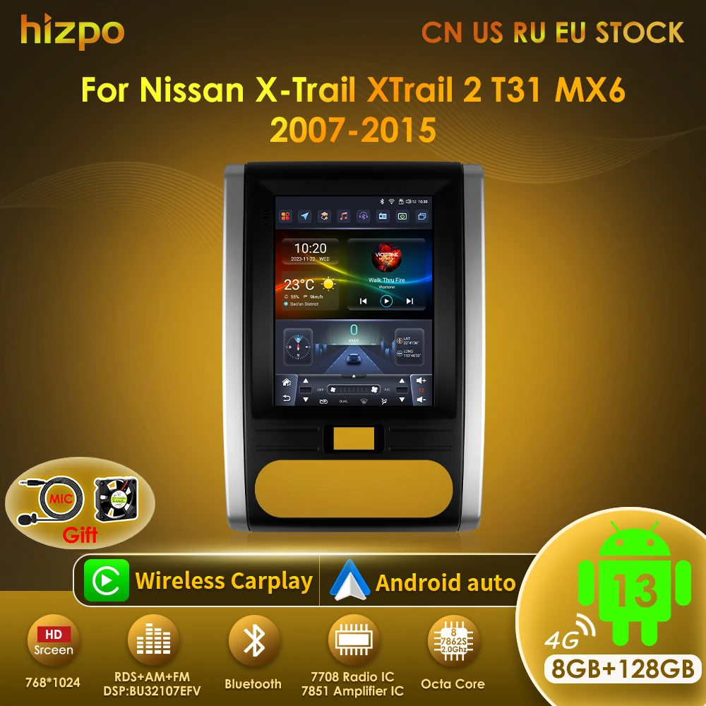 Hizpo-Radio con GPS para coche, reproductor de vídeo con Android 13, 9,7 pulgadas, 4G, Carplay, estéreo, 2 din, para Nissan x-trail XTrail X Trail 2 T31 MX6