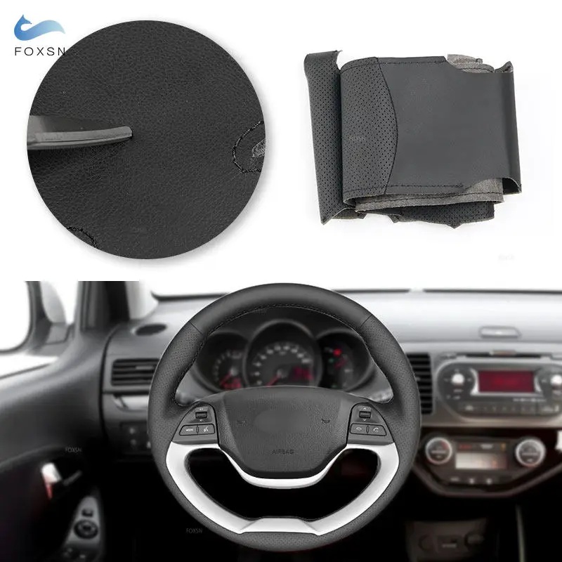 Funda de volante trenzada en cuero negro para Kia Picanto y Morning 2011-2016