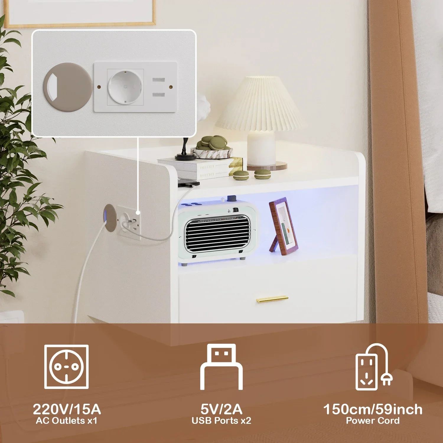 Mesita de noche de pared con cajón y estación de carga USB con luz - imagen 3