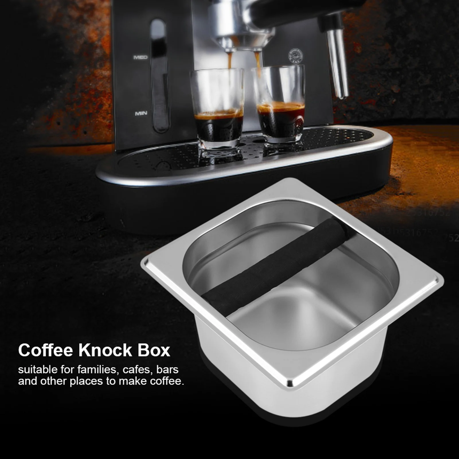 Cajón golpeador para café espresso de acero inoxidable con barra de goma