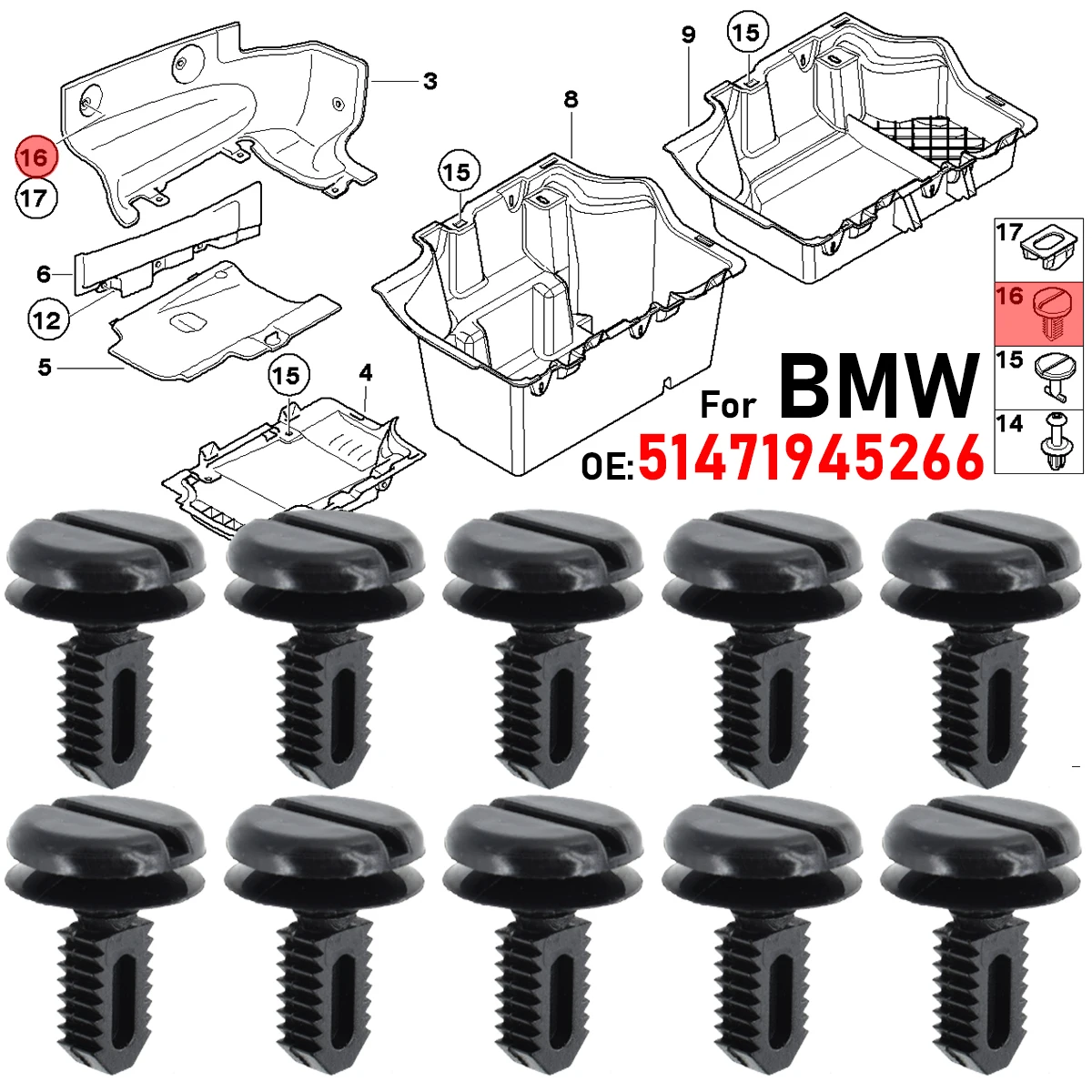 10X tapa de maletero tablero cubierta de batería escudo forro de maletero Clips de ajuste 51471945266   Para BMW E30 E91 E93 M3 E36 E46 E60 X3 E60 M5 E32 E83