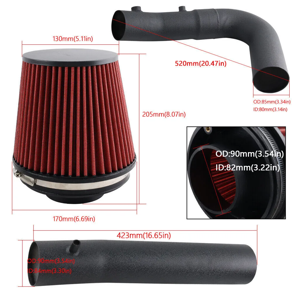 Kit de admisión de aire frío con tubo negro, filtro rojo y escudo térmico