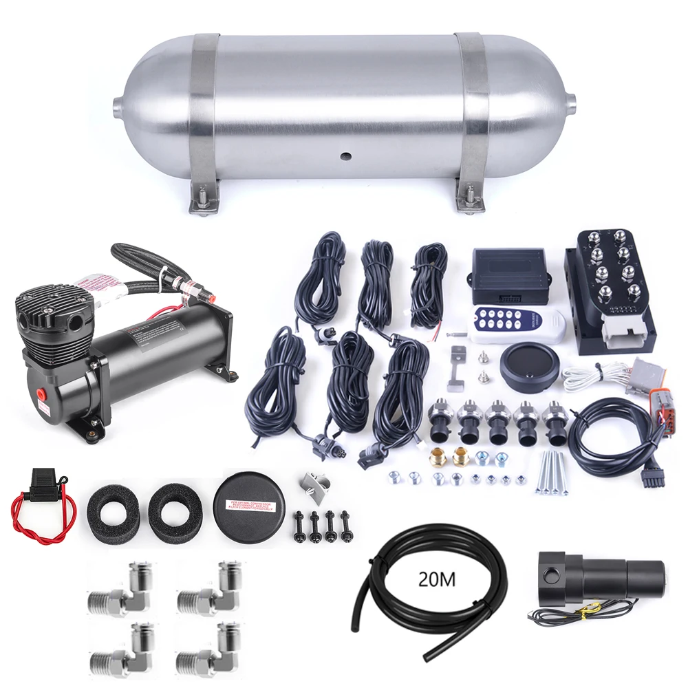 Kit suspensión neumática 12V con compresor, válvula y manómetro integrado