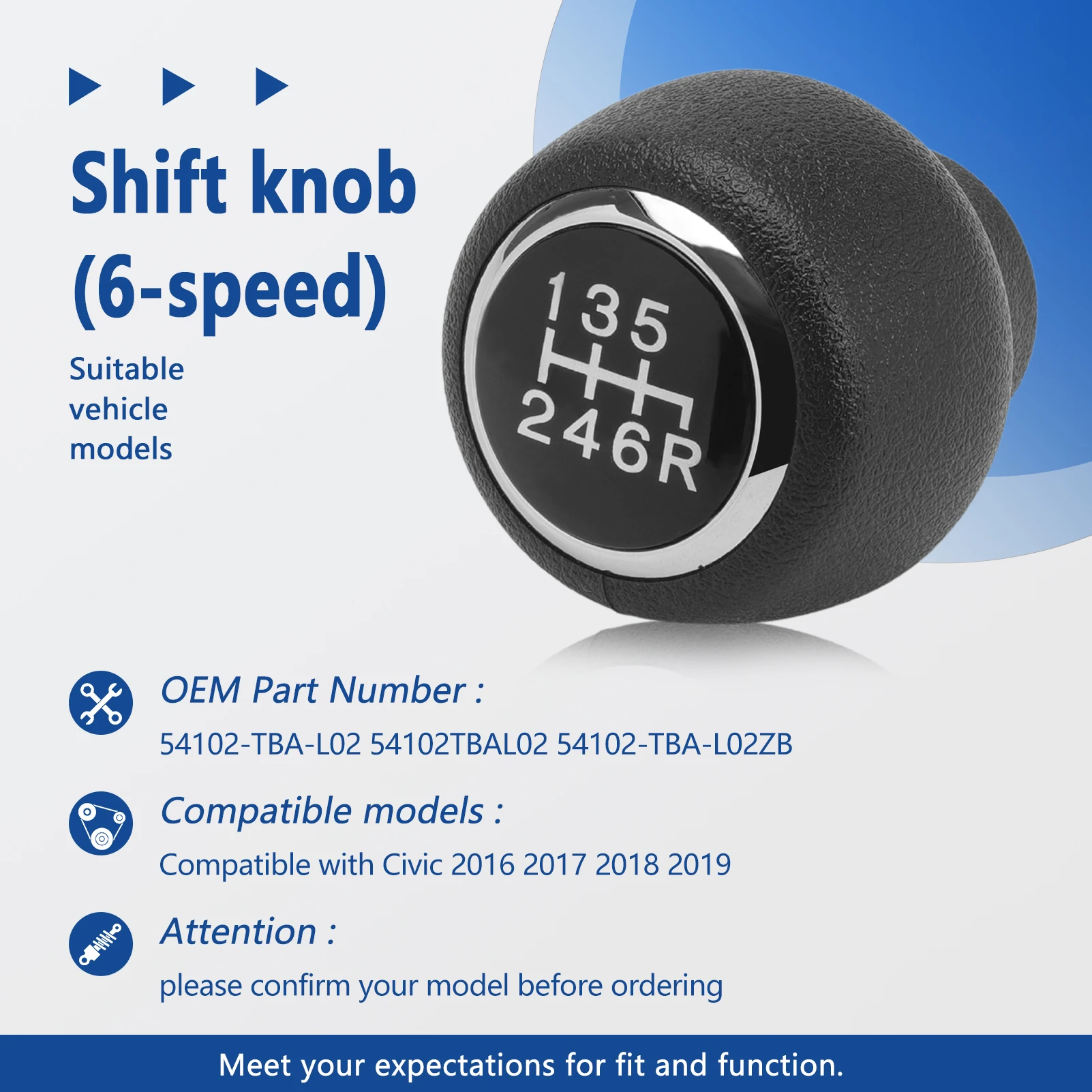 Perilla de palanca de cambios de transmisión Manual, manija de perilla de palanca de cambios para Civic 2016-2019 Reemplazar 54102-TBA-L02 54102-TBA-L02ZB