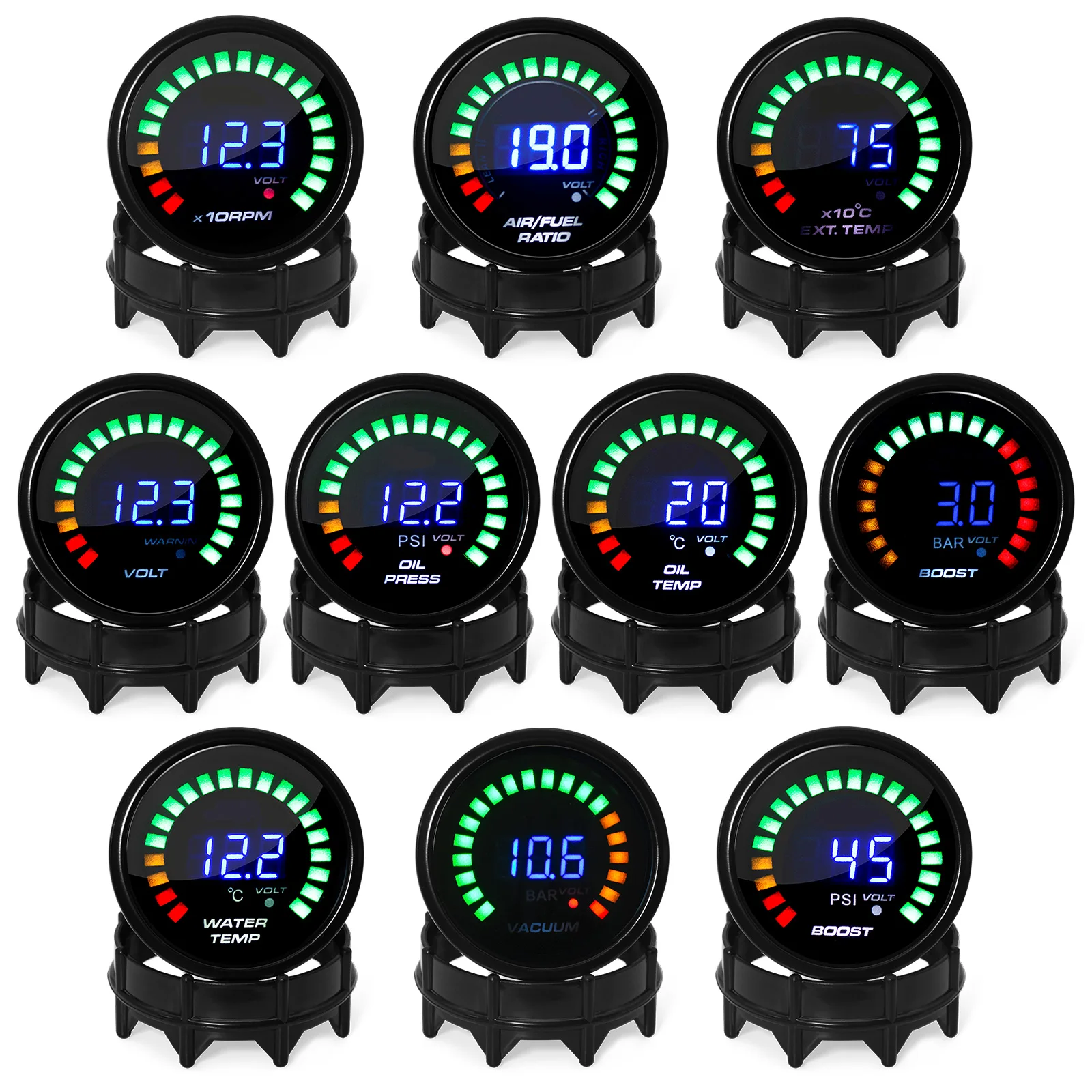 Tacómetro Digital para coche de 2 ", 52MM, barra PSI Boost, temperatura del agua al vacío, temperatura del aceite, voltímetro de prensa de aceite, relación aire-combustible, medidor de temperatura EGT