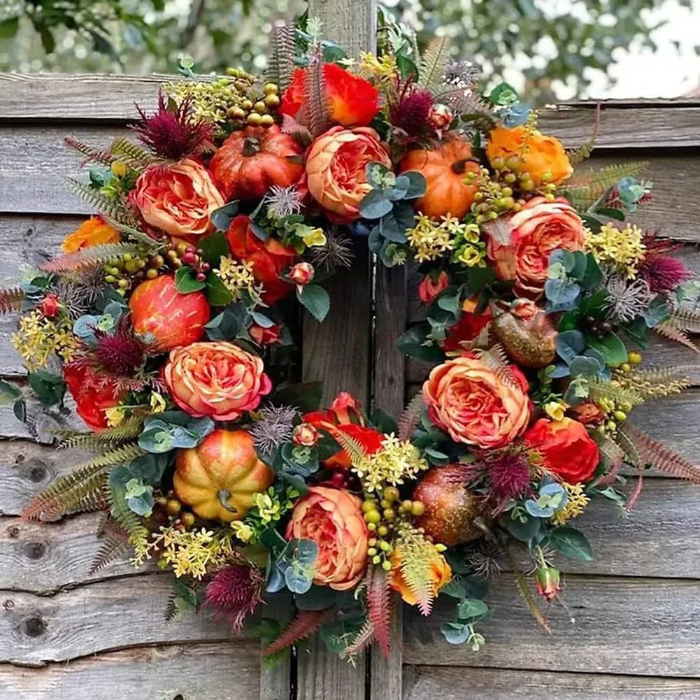 Corona de otoño con peonía y calabaza - decoración para el hogar - imagen 5