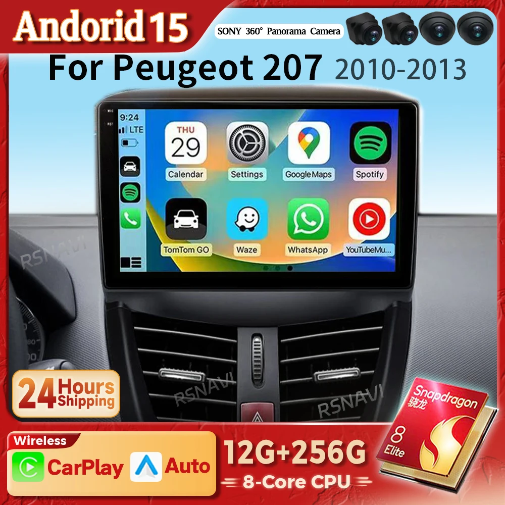 Pantalla multimedia Android 15 2K con CarPlay para Peugeot 207 CC