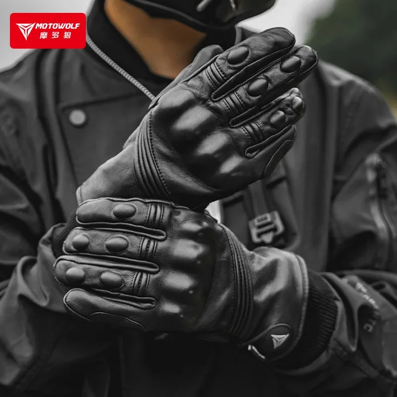 Guantes de cuero largos moto inverno tactil antiviento - imagen 2