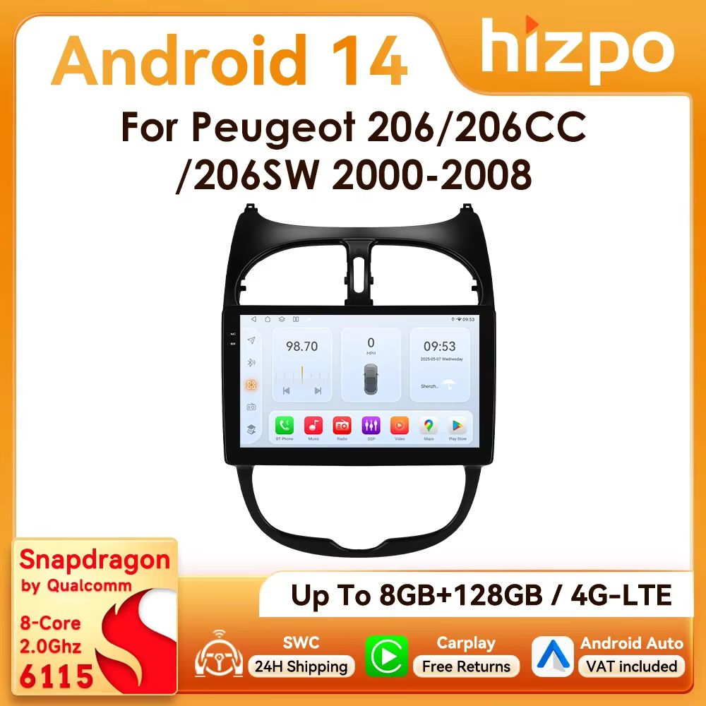Hizpo Autoradio 2Din 9" Android con CarPlay para Peugeot 206/206CC
